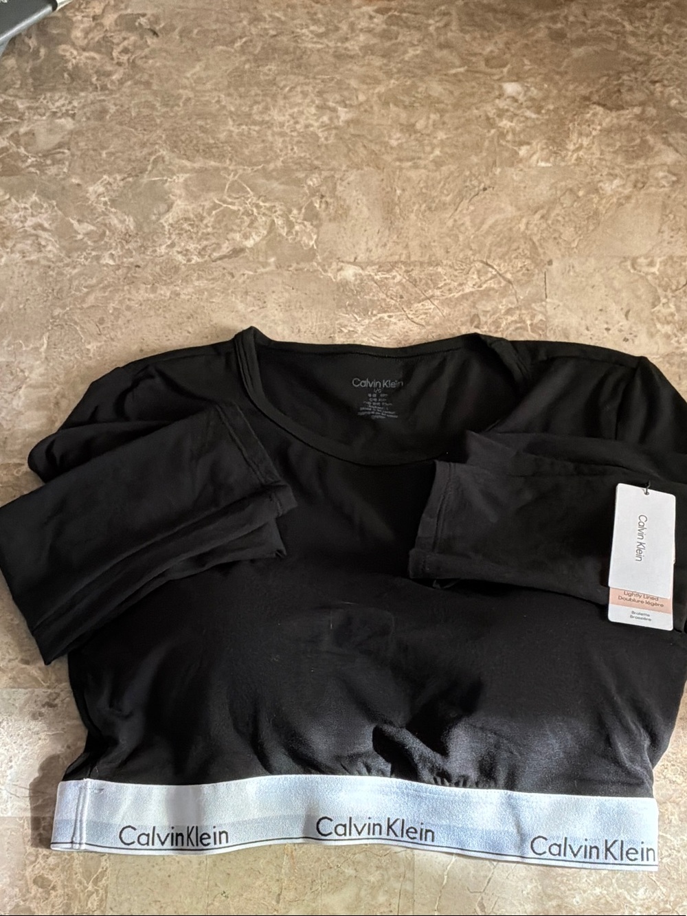 Calvin Klein Black Long Sleeve Scoop Neck Bralette LARGE with Logo Band